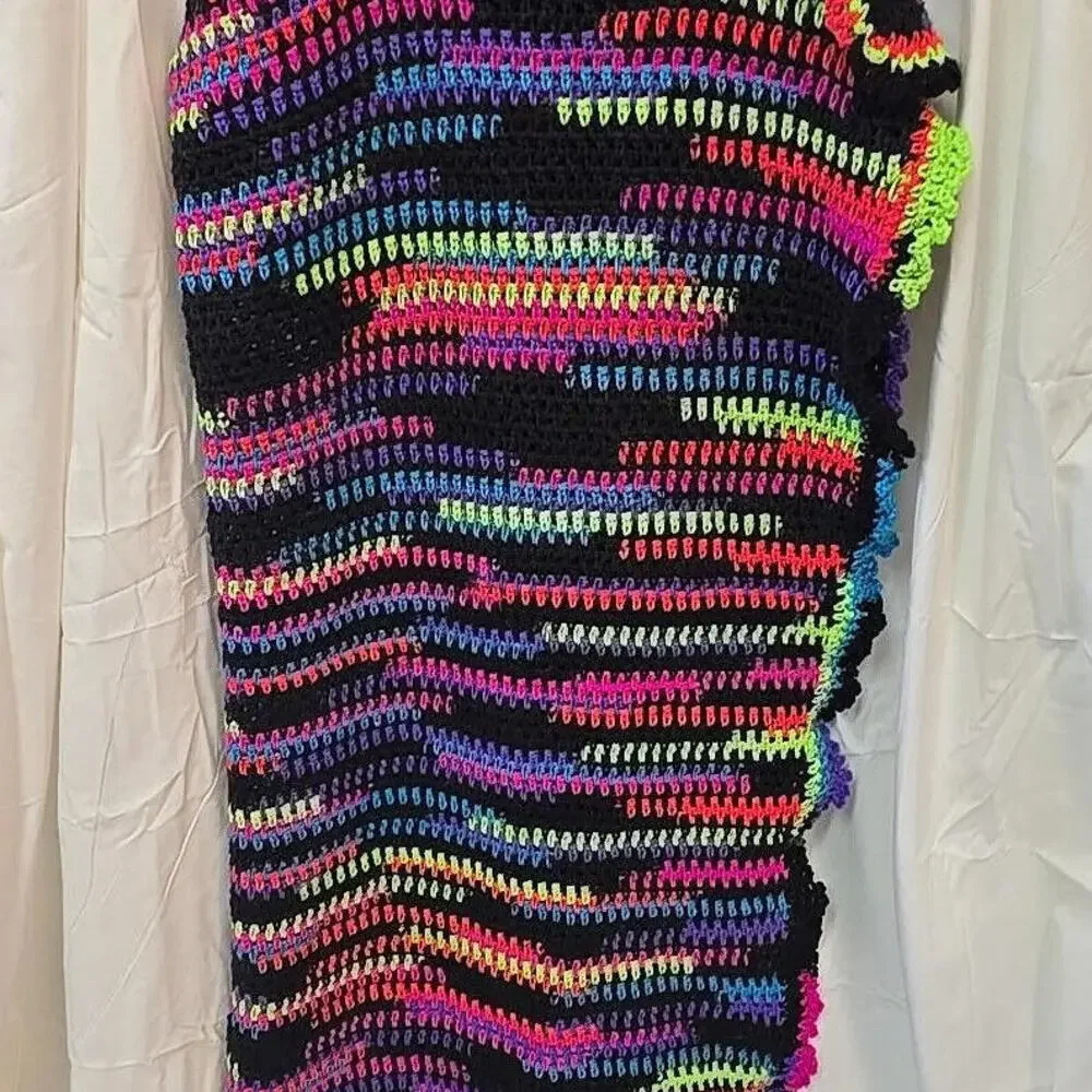 Handmade Afghan Neon Stripe Boho 80's‎ Crochet Blanket, 55